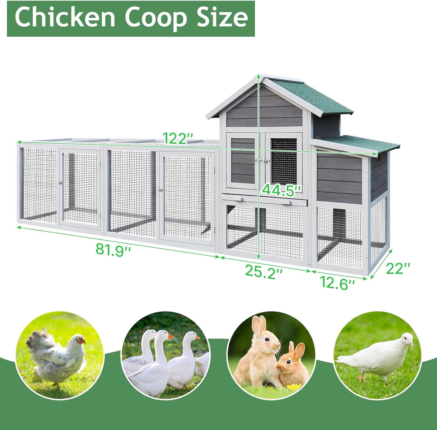 Yafylly 122" Wooden Chicken Coops for 3-4 Chickens, Outdoor Chicken Coop with Run, Nesting Box, Perch, Ramp, Sliding Tray, Waterproof Roof, Poultry Cage Duck Coop Rabbit Hutch for Backyard, Gray