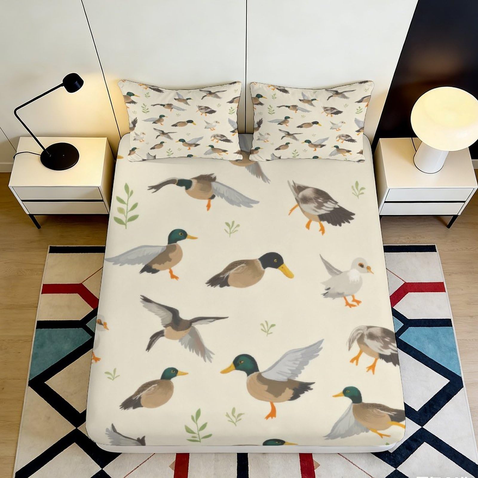 3D Printed Duck Pattern Fitted Sheet Microfiber Soft Breathable Wild Mallard Bed Sheet for Bedroom Dorm Decor 90x200x25cm