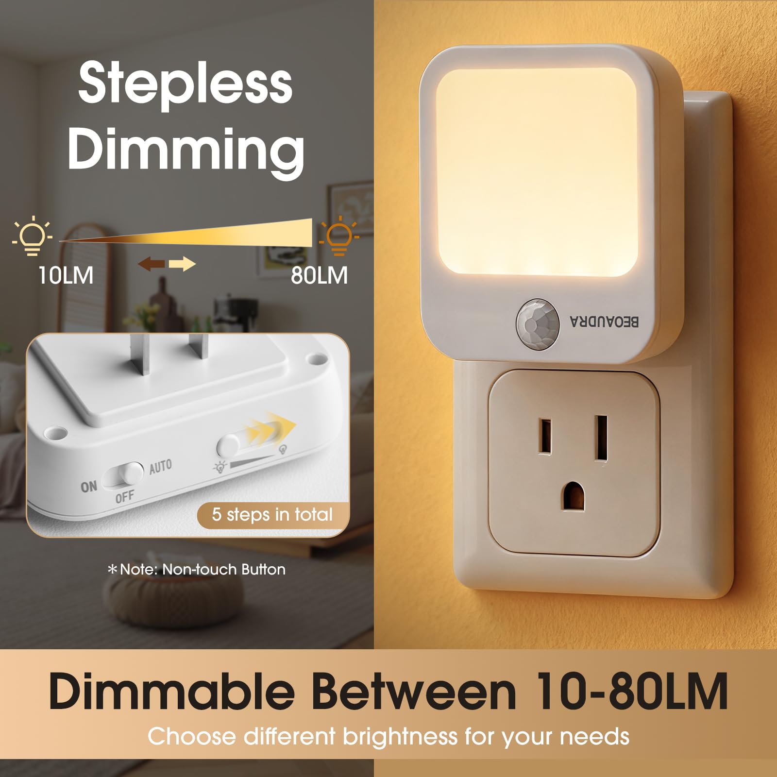 Plug-in-Bewegungsmelder-Lichter mit einstellbarer Helligkeit, warmweiß, bewegungsaktiviertes LED-Nachtlicht für Schlafzimmer, Badezimmer, Treppen, Flur, Wohnzimmer, 2 Stück