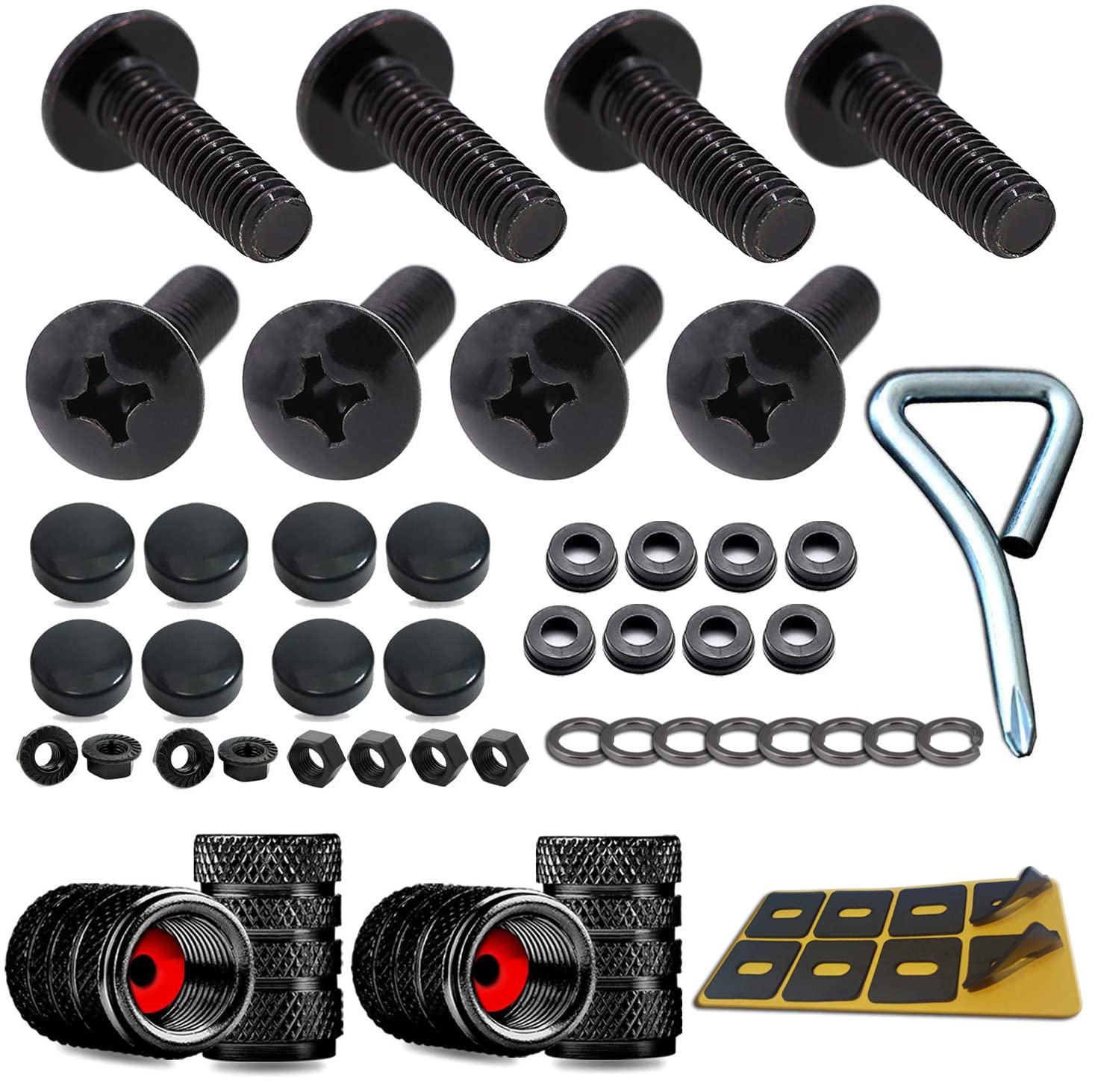 BGMVFK Black License Plate Screws- Anti Rust Carbon Steel Plate Mounting Hardware Kit, Bulk Screws Nuts Assortment Kit- M6(1/4") Phillips Cross Bolts, Screw Caps, Rattle Proof Pads