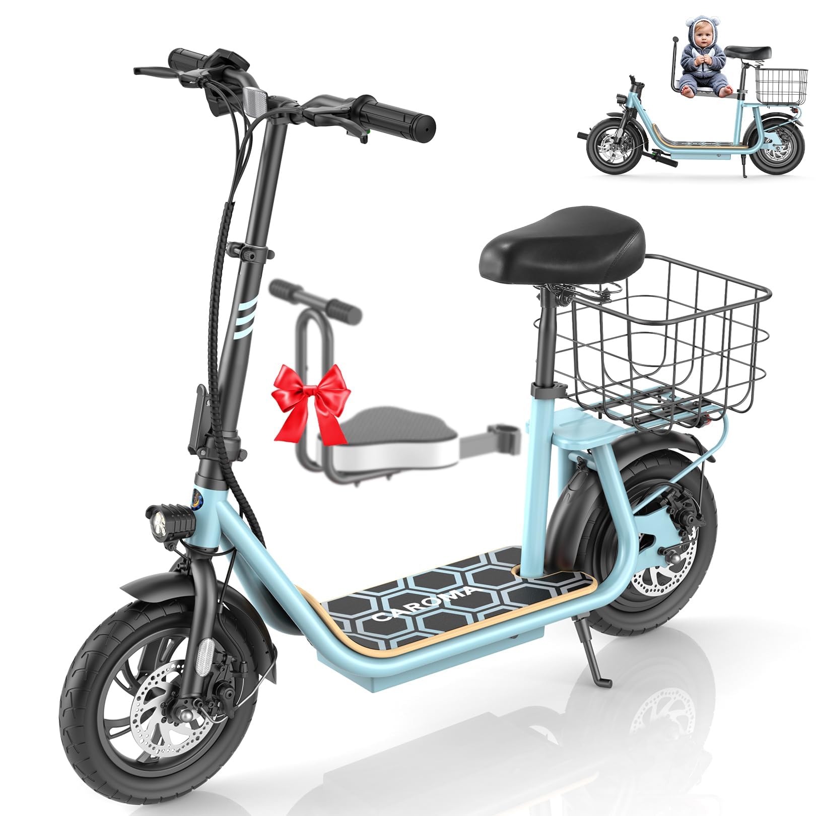 Caroma Electric Scooter with Seat, Max 30 Miles Range&20MPH Speed, Peak 800/1200W Motor, Foldable Electric Scooter for Adults and Teens, Commuter E Scooter with Basket&Adjustable Kid Seat