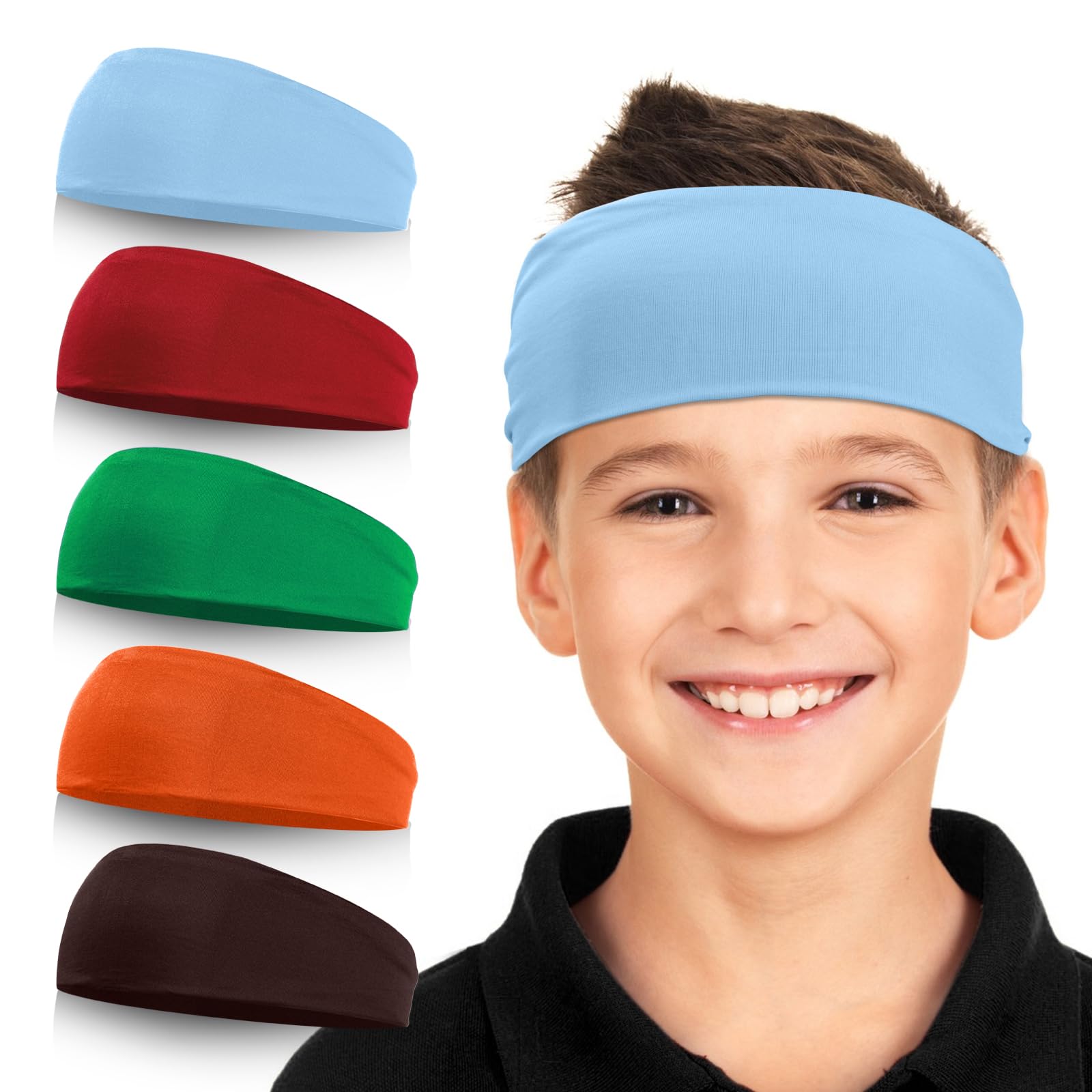 Sports Headbands for Kids, 5 Pack Moisture Wicking Sweatbands for Footable Soccer Baseball Running for Boys and Girls 5-15 Years Old