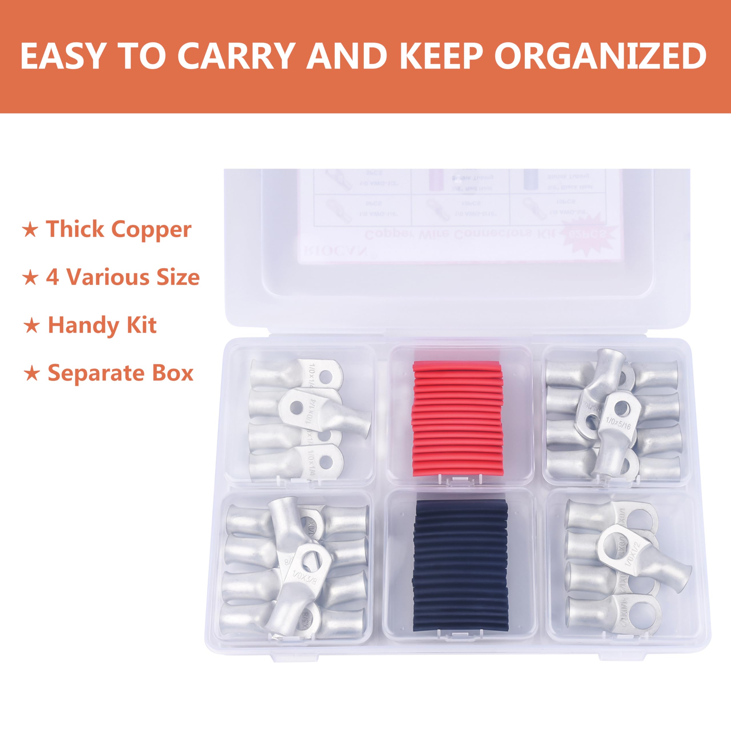 Kit de terminales de anillo de cobre estañado de 1/0 AWG (62 piezas) – 30 terminales de batería (1/4 pulgadas, 5/16 pulgadas, 3/8 pulgadas, 1/2 pulgadas) con 32 tubos termorretráctiles para