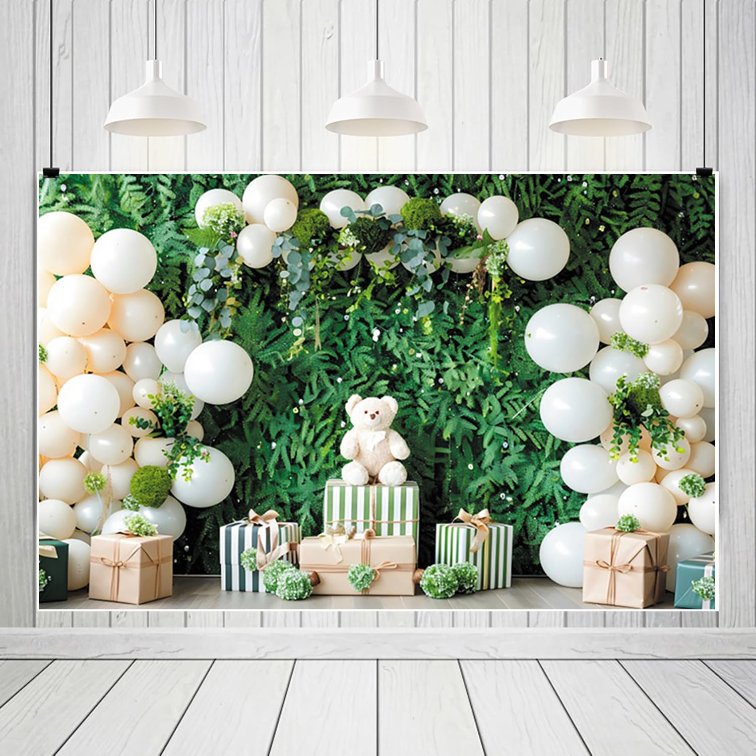 3 x 2,5 m zielone i neutralne tło urodzinowe, Lush Fern Wall Photography Background Cream Balloons Teddy Bear & Striped Gifts Rustic-Chic Party Theme Photo Studio Props
