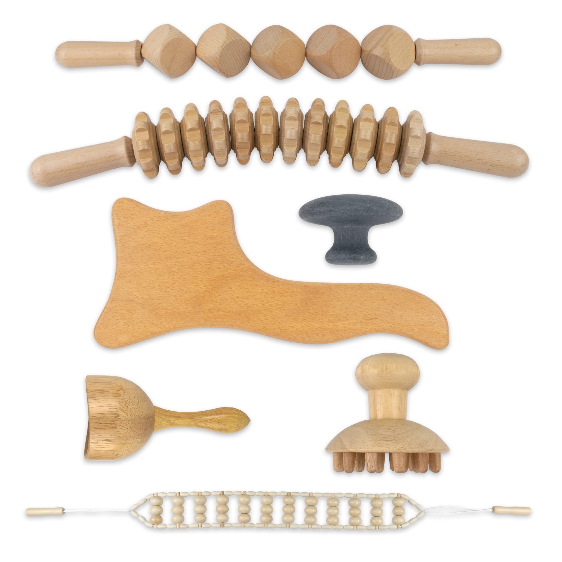 Kit Maderoterapia corporal de 7 piezas en 1. Maderoterapia kit con Hot Rock de regalo, Masajeador Anticelulitico, Masaje Muscular Madera, Rodillo Anticelulitis, Champiñon Masajeador, Gua Sha Madera