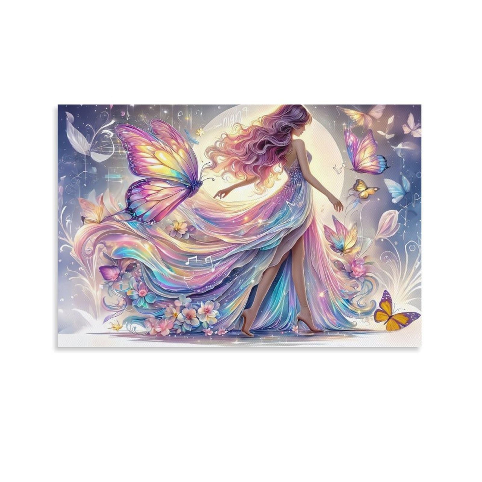 CPLVKWRQJ Fantasy Butterfly Woman Individual Rainbow Fairy with Butterflies And Flowers Canvas Wall Hanging - Office Wall Focal Art Fade Resistant Statement Piece Decor 20x30inch(50x75cm)