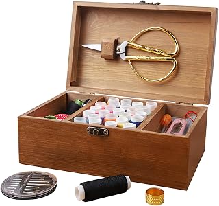 Vintage Wooden Sewing Kit Set for Beginners Quality Sewing Supplies with Scissors, Thread Spools, Needles, Buttons, Ideal for Adults, Travel-Friendly and Organizing Tools