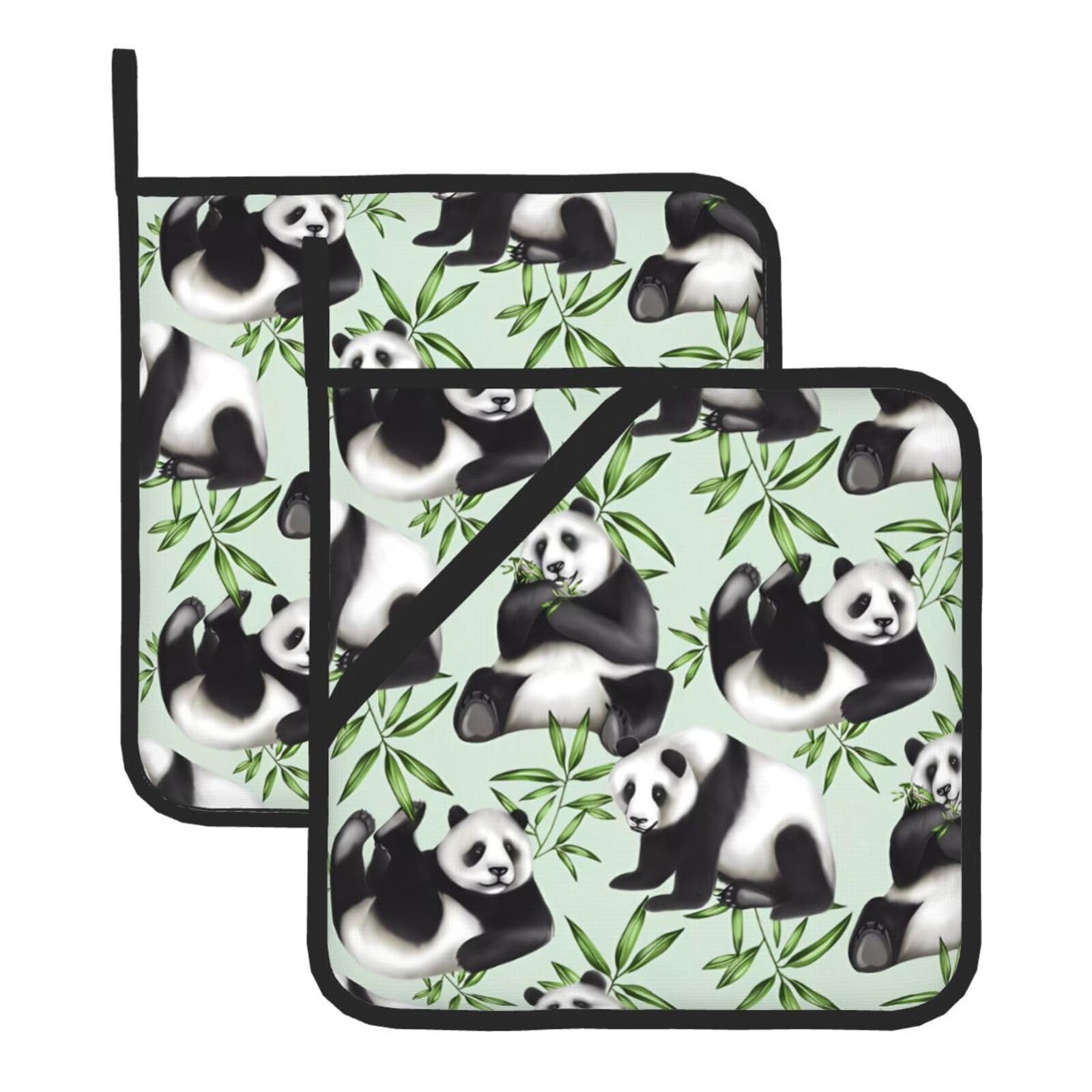 YYHWHJDE Panda bamboo Prints Square Hot Pads for Kitchen Counter - Waterproof Trivets with Hanging Loop, Heat Resistant Pot Covers for Dinning Table, Oven & BBQ - 2 Pack