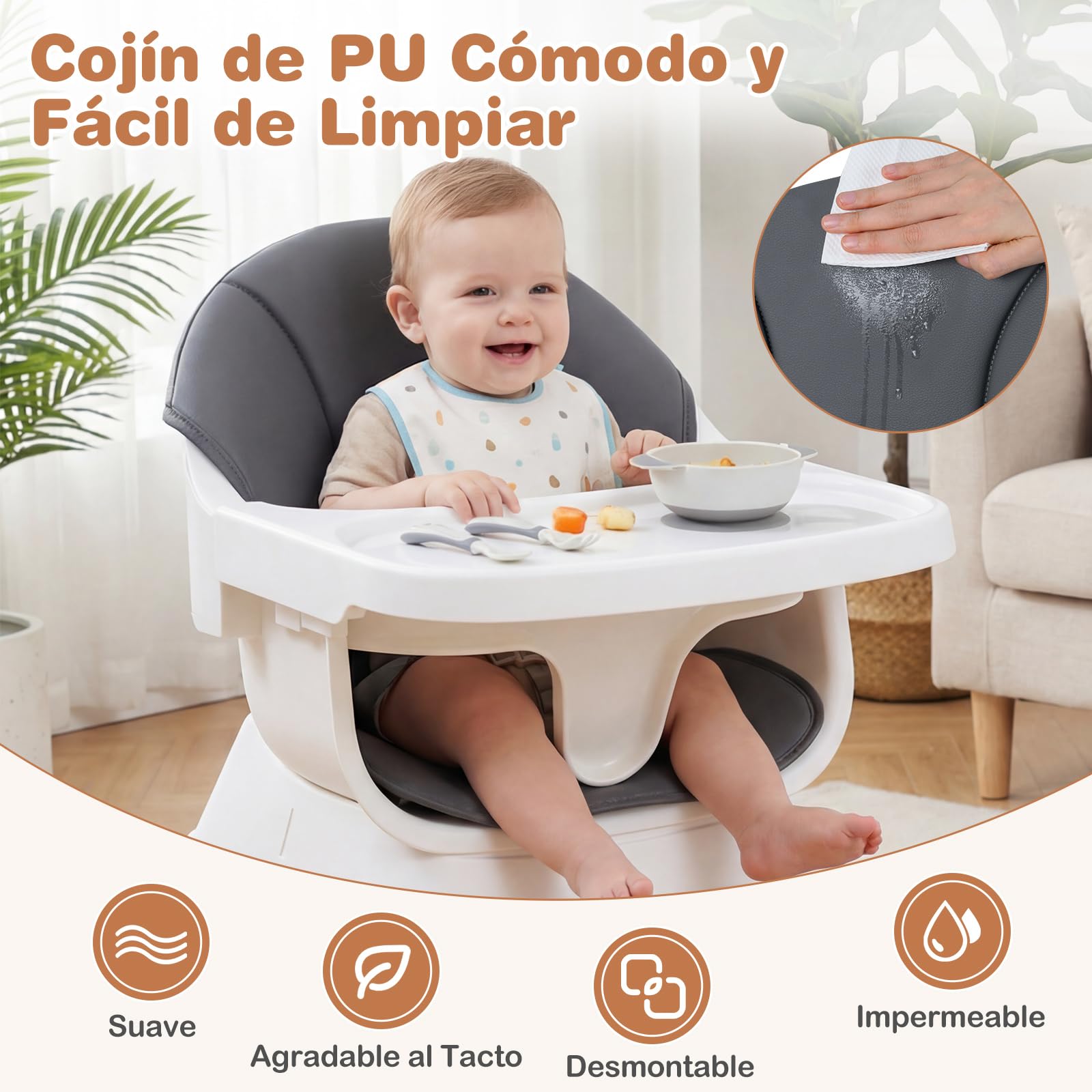 COSTWAY Trona Convertible para Bebés, Silla Alta de Alimentación Evolutiva con Bandeja y Cojín Desmontables, Arnés de 5 Puntos y Patas de Madera, Taburete Portátil Infantil para 6-36 Meses