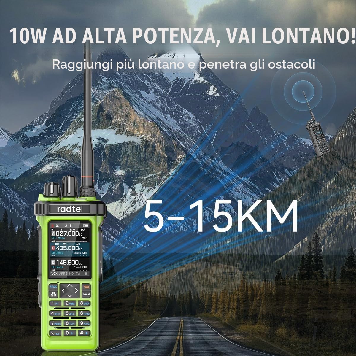 Radtel RT-950 PRO Radio amatoriale TX GPS/APRS, walkie-talkie da 10 W, radio bidirezionale portatile a lungo raggio, AM/FM/CB/SW/MW/LW RX, verde (con cavo di programmazione)