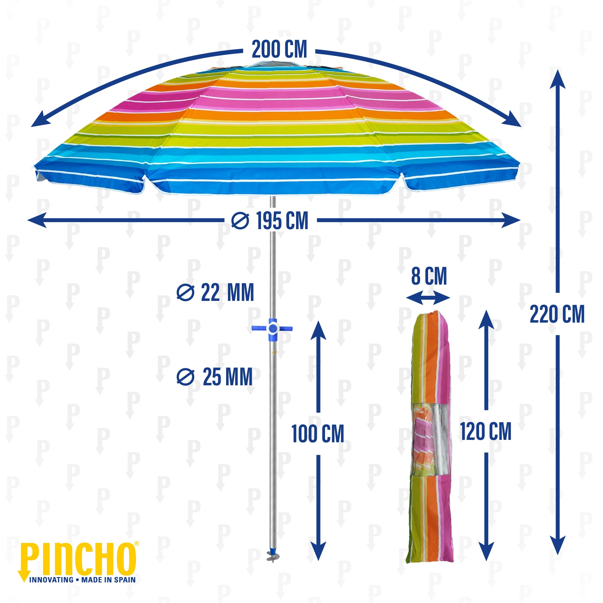 Pincho Grand parasol de plage 200 cm, anti-vent jusqu'à 35 km/h, aluminium, 8 + 8 baleines en fibre de verre, poids 1,6 kg