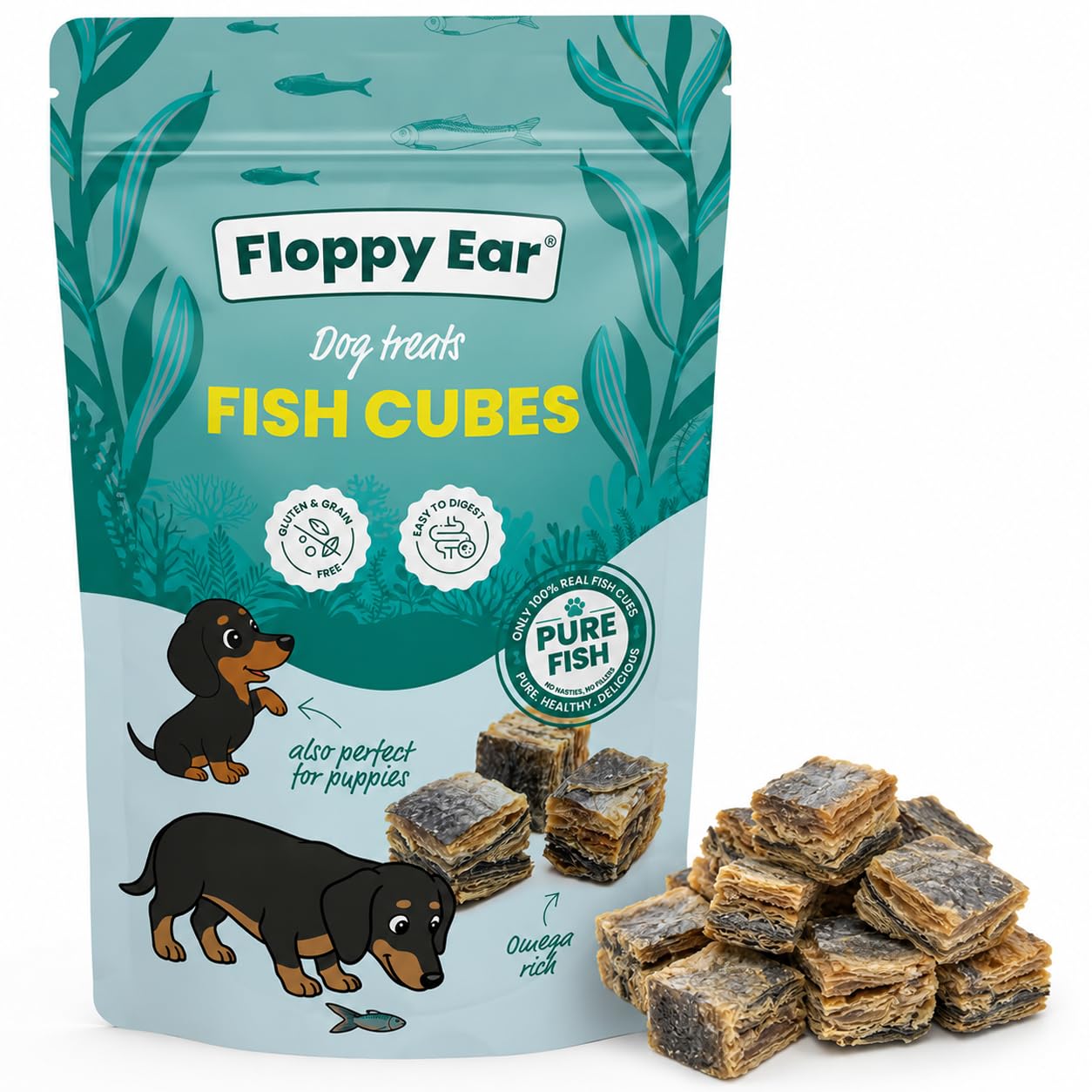 Floppy Ear Air Dried Fish Cubes Dog Treats 100g - 100% Pure Fish, Omega Rich, Easy to Digest, Grain Free, Tiny Training Bites for Puppies & Adult Dogs