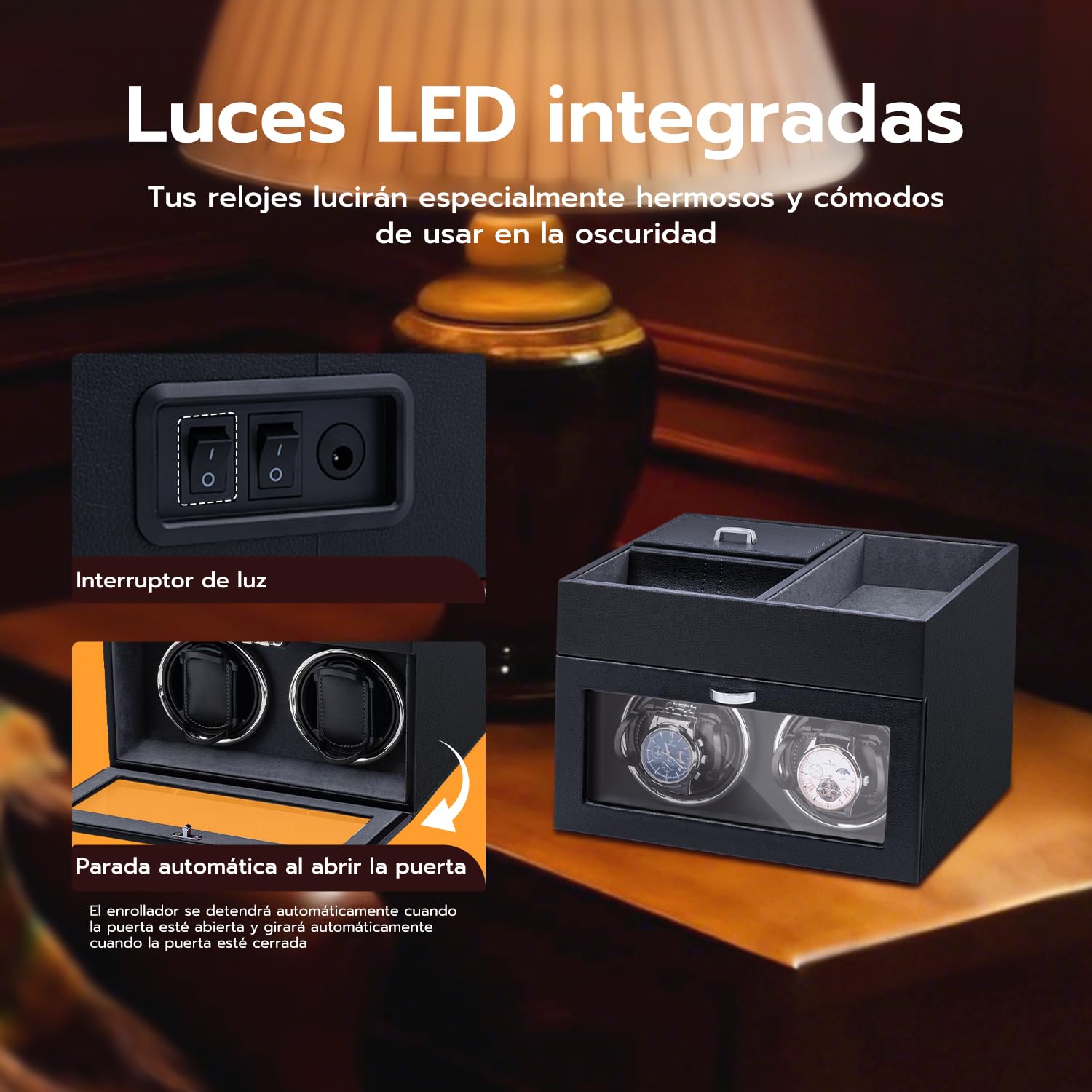 Mcbazel Abridor Automático de Relojes Multifuncional para 2 Relojes, con Pantalla LED de Exhibición y Caja de Almacenamiento de Joyería con Motor Silencioso de 1 Modo de Rotación Negro/gery