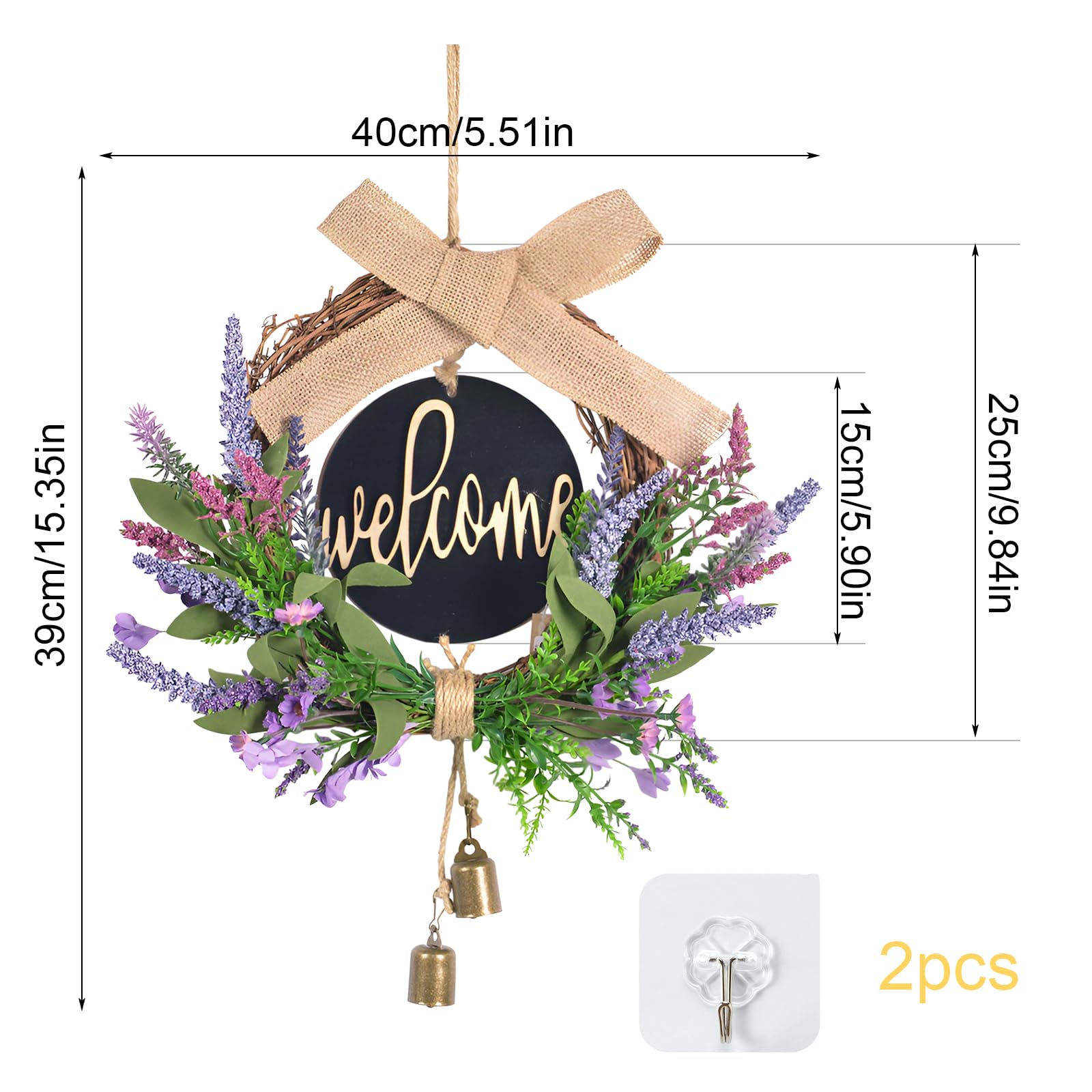 Couronne de Porte Printemps Lavande Artificielle Couronne Porte D'entrée avec Panneau de Journal Welcome, Arcs et Cloches 40cm Décorations de Portes Été pour Portes Fenêtres Clôtures