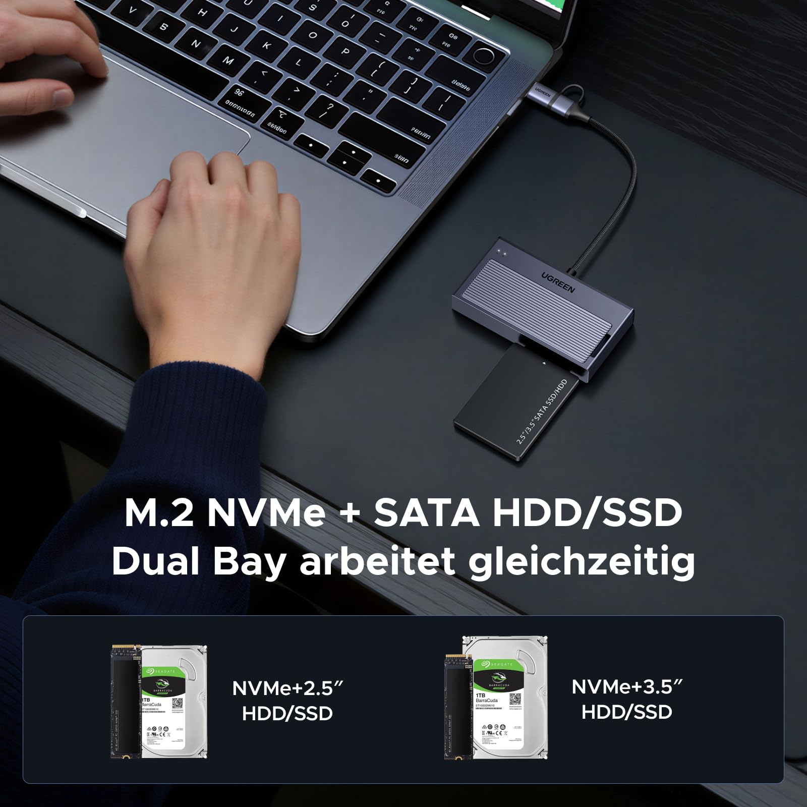 UGREEN 2 in 1 M.2 NVMe SATA USB Adapter, 10Gbps Festplatten Adapter für M.2 NVMe SSDs und 2,5/3,5 Zoll SATA HDD & SSD, Festplatten Dockingstation kompatibel mit Windows, MacOS, Linux(Werkzeuglos)