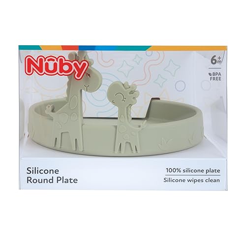 Miniatura 6 de Nuby Animal Friend - Plato redondo de silicona para niños pequeños a partir de 6 meses, placa de jirafa verde