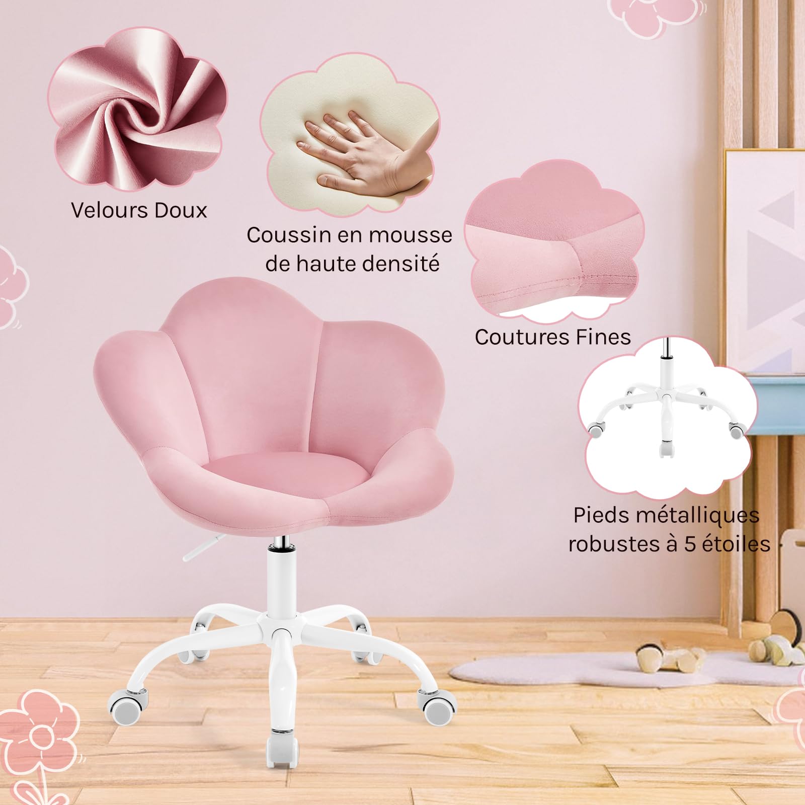 WOLTU Chaise Bureau Enfant, Chaise Pivotante en Velours, Ergonomique, Réglable en Hauteur, Siège Rembourré, en Forme de Pétale, pour Bureau, Chambre d'enfant, Rose Clair