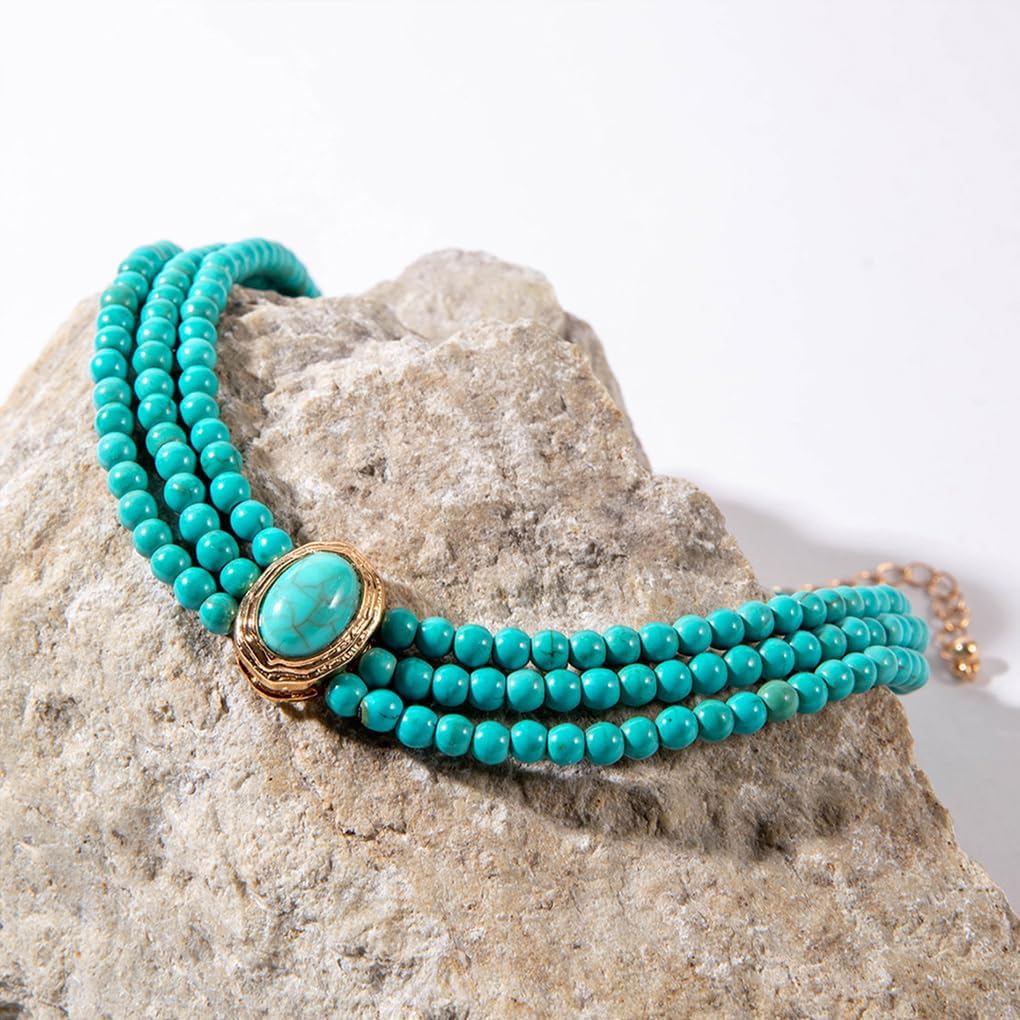 Layered Turquoise Beaded Statement Necklace for Women,Vintage Boho Blue Bead Choker Necklaces,Western Jewelry Gift Ethnic Accessories