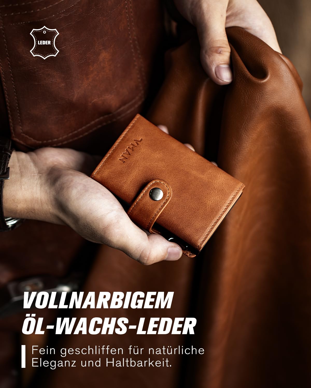 VMAN Geldbörse Herren, Slim Wallet mit Münzfach, RFID Schutz, Premium Leder Portmonee Geldbeutel für 8–11 Karten, Kleines Kartenetui für Alltag & Reise - Braun