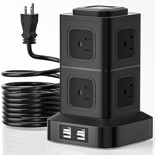 Regleta de alimentación de torre con protector de sobretensiones, cable de extensión de 10 pies con 8 salidas de CA, 4 puertos USB, estación de