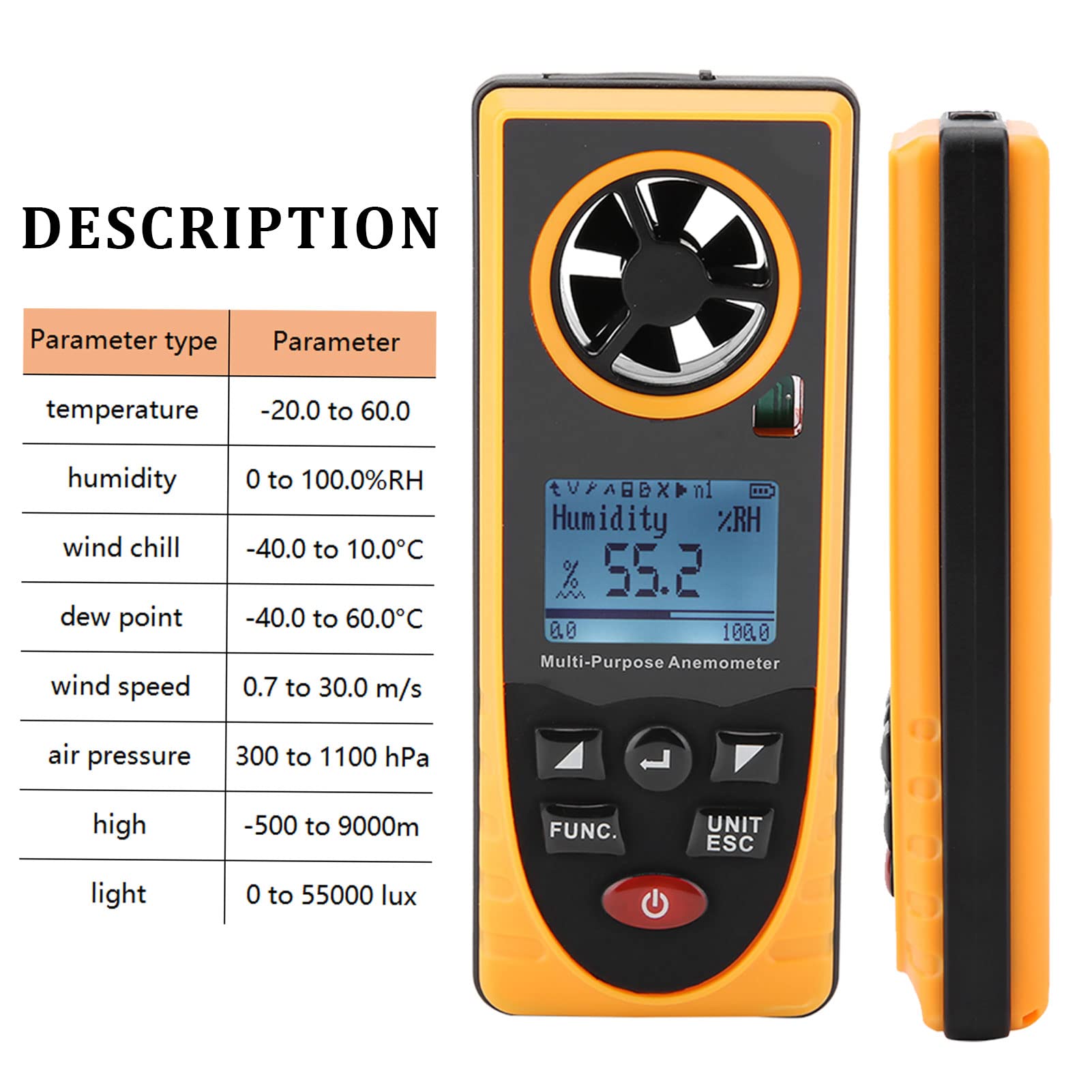 Windmesser Digital LCD Wind Speed Meter Gauge Handheld-LCD-Digital-Anemometer, Luftgeschwindigkeitstester Multifunktionaler Windtemperaturmesser Tragbares Messgerät GM8910
