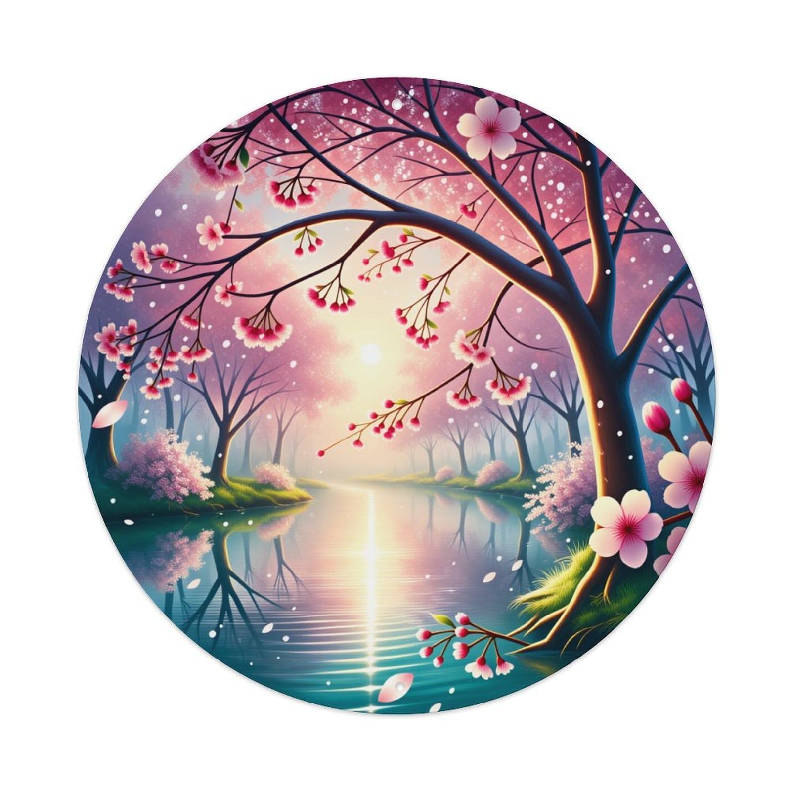 Cherry Blossom Lake Sunset Tree Round Tin Sign Vintage Metal Poster Retro Bar, Home, Man Cave, Kitchen, Laundry Room Wall Art Decor Gift 8x8Inch