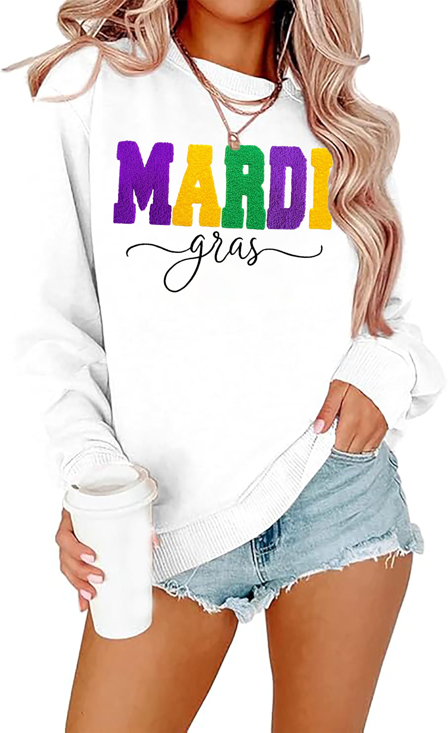 Women Mardi Gras Sweatshirt New Orleans Carnival Outfit Chenille Patch Pullover Tops Fat Tuesday Sweatshirt-picture-18