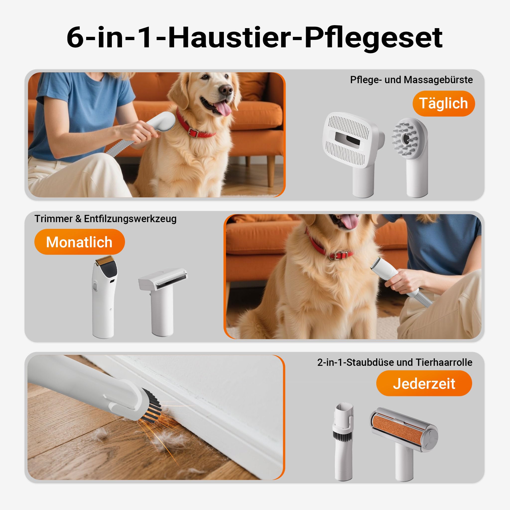 Fudajo Haustier Pflegeset weiß, 6 in 1 Multifunktion Schermaschine, Tierhaarschneidemaschine mit Staubsauger, Pflege Paket für glänzendes Fell