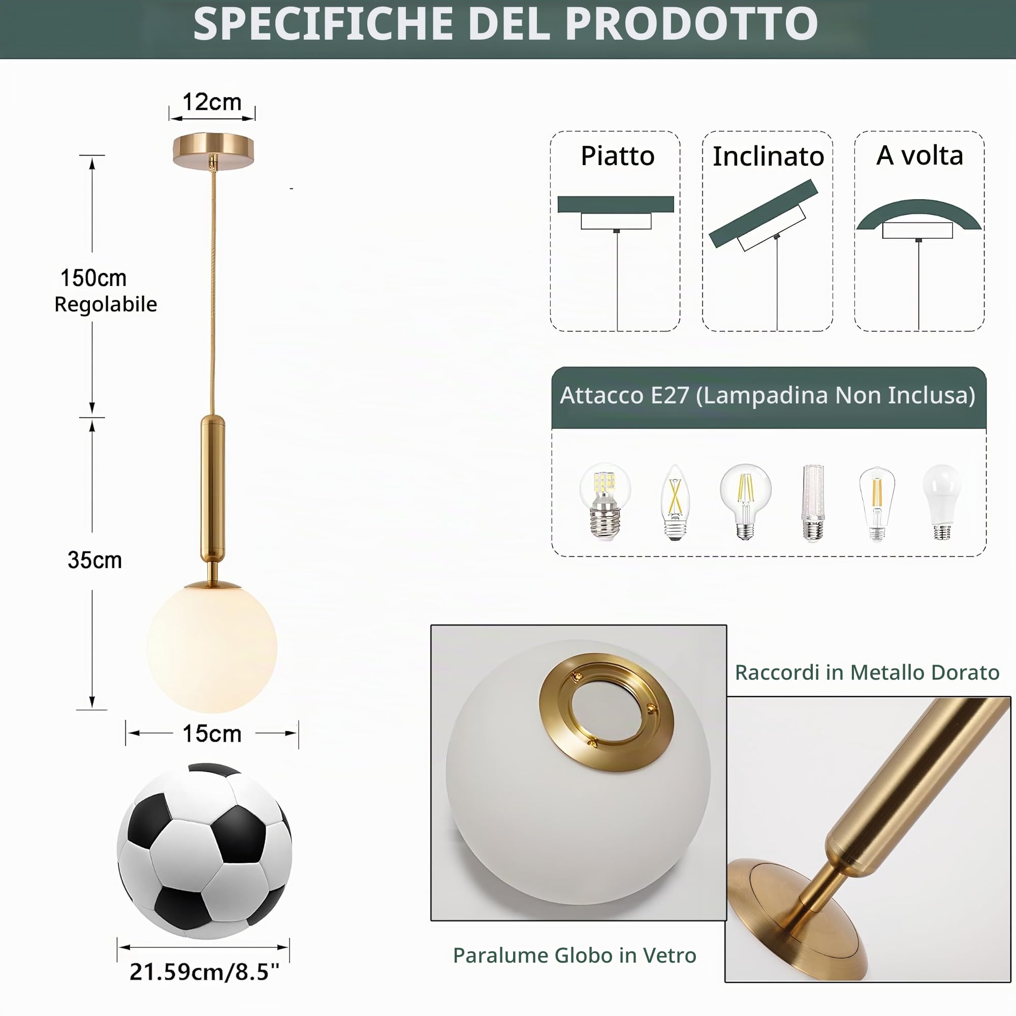 Lampadario a Sfera in Vetro,Lampada a Sospensione Regolabile in Altezza E27 Dorata per Camera da Letto, Sala da Pranzo e Bagno (Bianco)