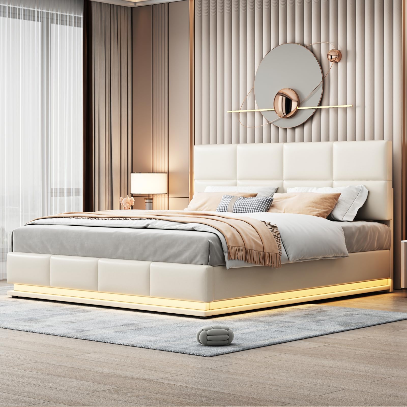 Letto imbottito 180 x 200 cm, letto funzionale con illuminazione a LED e deposito sollevamento idraulico, letto matrimoniale con rete a doghe e testiera regolabile, adatto per adulti e ragazzi, in
