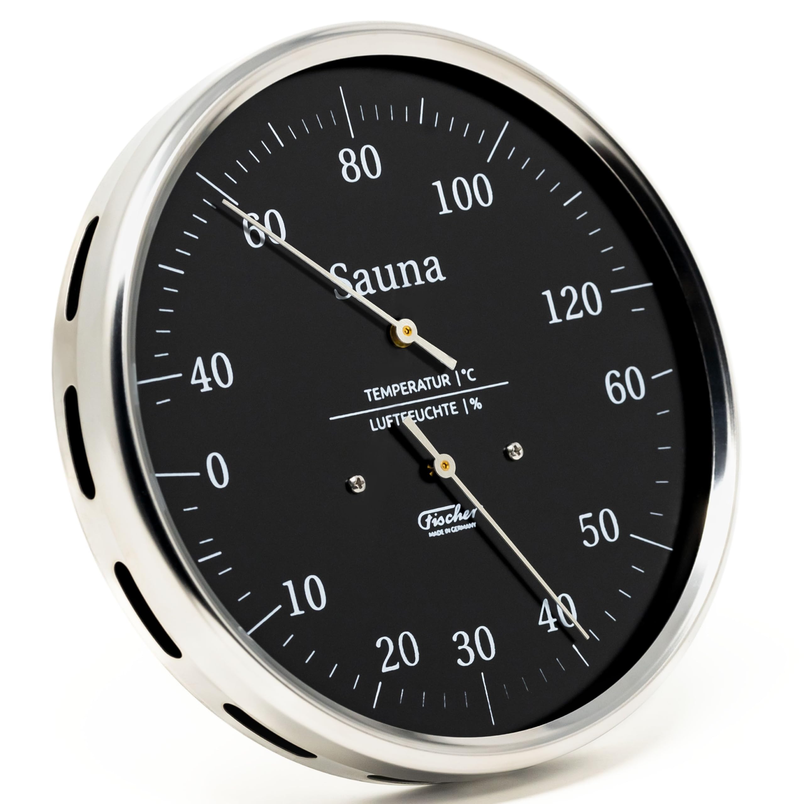 Fischer 195.01-06 Sauna-Thermohygrometer, Glas, Edelstahl, Thermohygrometer | Haar-Hygrometer und Bimetall-Thermometer , schwarzes Ziffernblatt, 160mm Durchmesser, Made in Germany