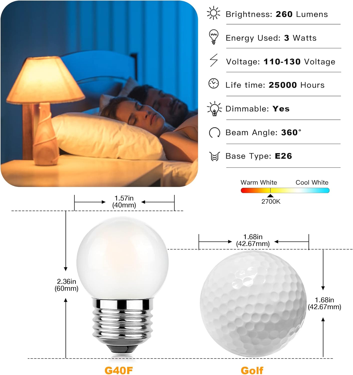 Dimmable LED 3W Small Light Bulb, 25w Equivalent E26 Standard Screw Base, G40 Soft Warm White 2700K 260lm Frosted Lights Bulb for Bathroom, Bedroom, Table Lamp Bulb, Bedside Accent 15 Pack