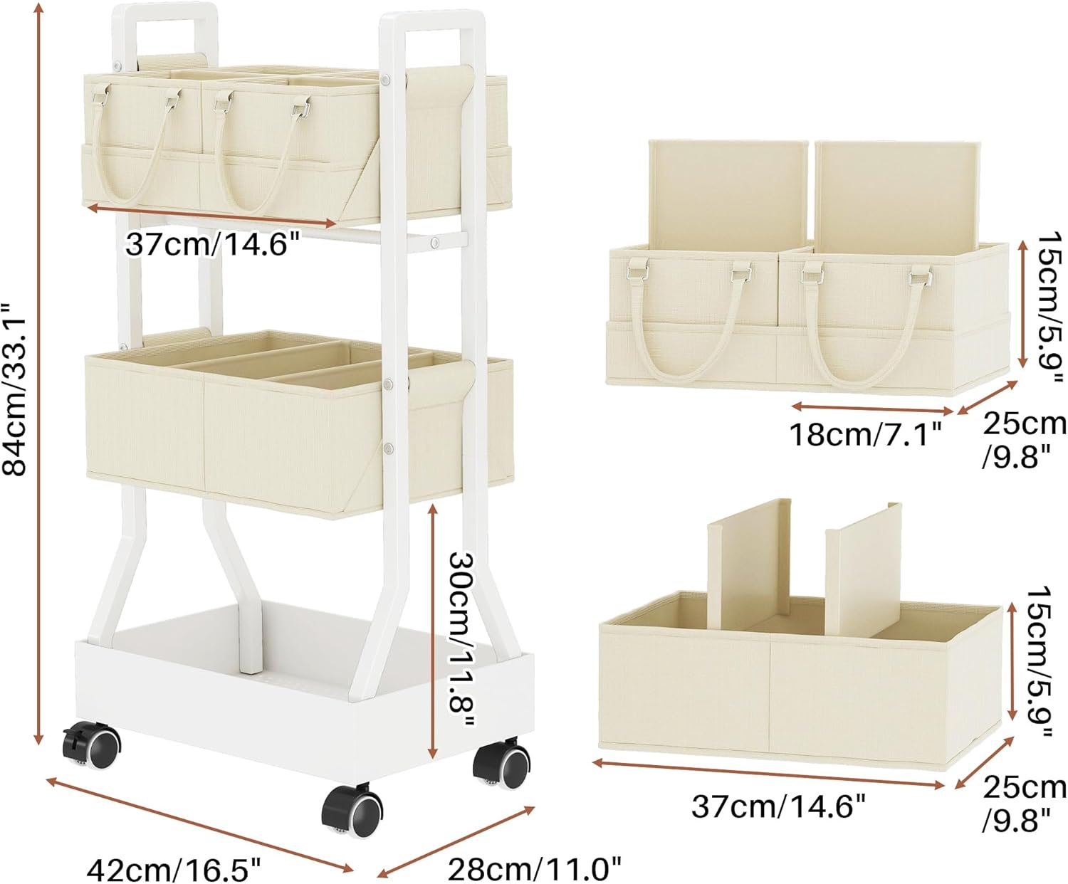 2In1 Baby Diaper Caddy Organizer Cart- Rolling Diaper Cart with Detachable Dividers-Baby Essentials Nursery Storage, for Crib, Bedroom,Kitchen, Bathroom(Off White)