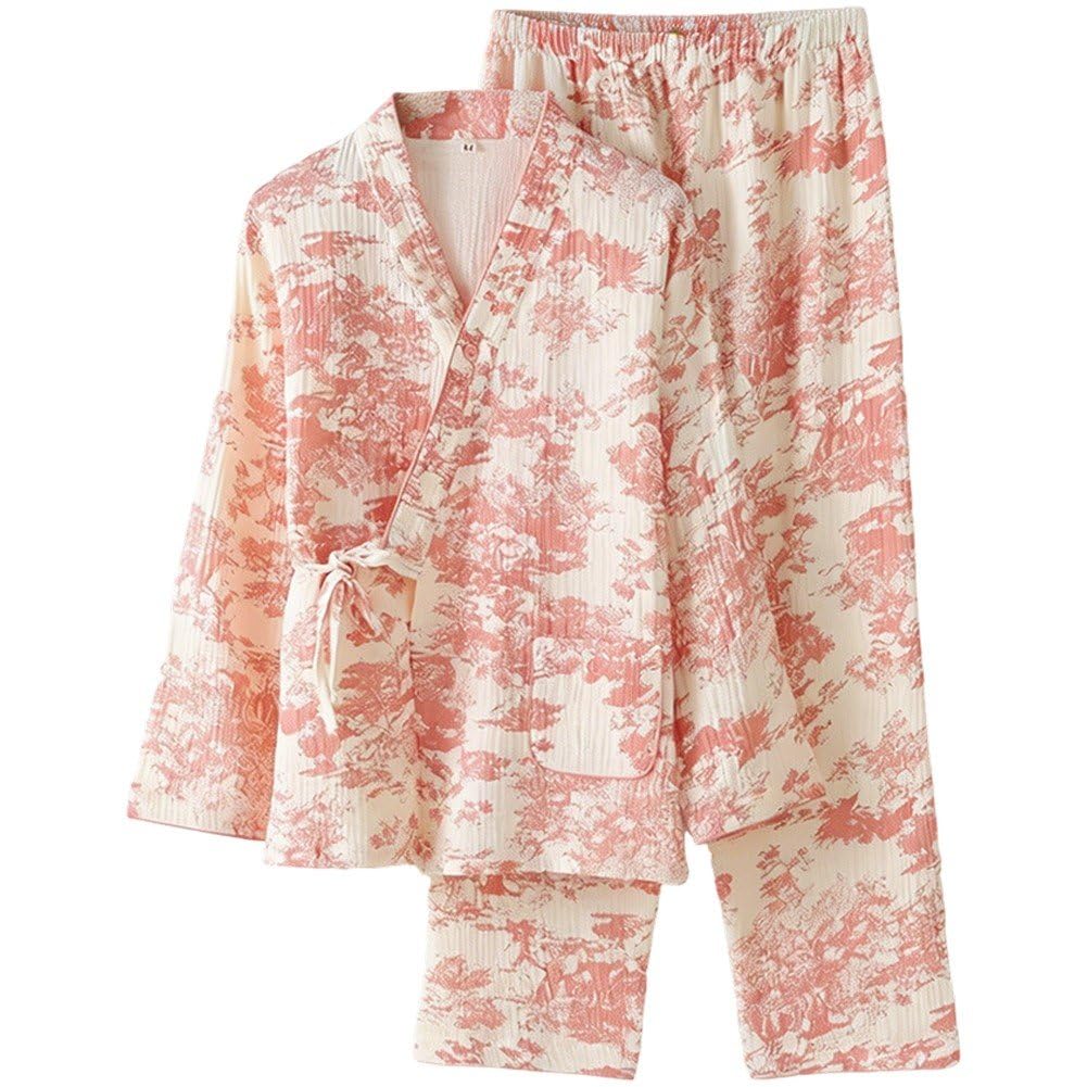 Stakee 1set Women Cotton Gauze National Style Pajamas Set, Japanese Kimono Loungewear Long Sleeve Long Pants, Thin Breathable Sleepwear