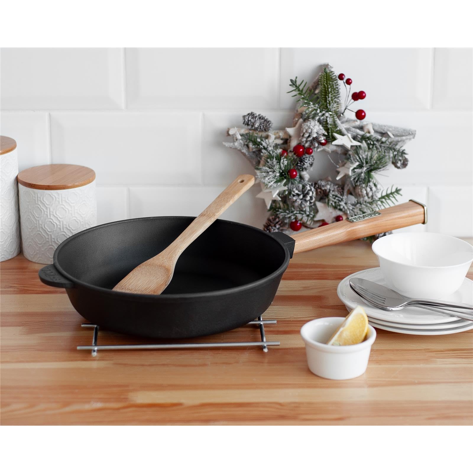 Sartén De Hierro Fundido 28 Cm Con Tapa Y Mango De Madera Desenroscable - Ideal Para Inducción, Horno Y Barbacoa