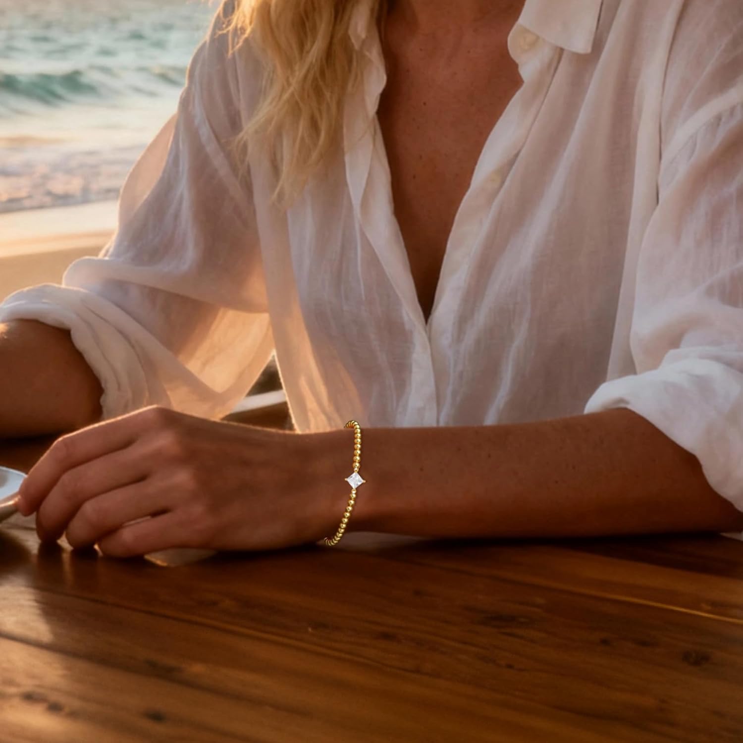 HZDK Gold Bracelets for Women - 14K Gold Plated Beaded Bracelets for Women Gold Jewelry Stackable Charm Bracelet Dainty Stretch Bead Bracelet Christmas Gifts for Her - Image 6