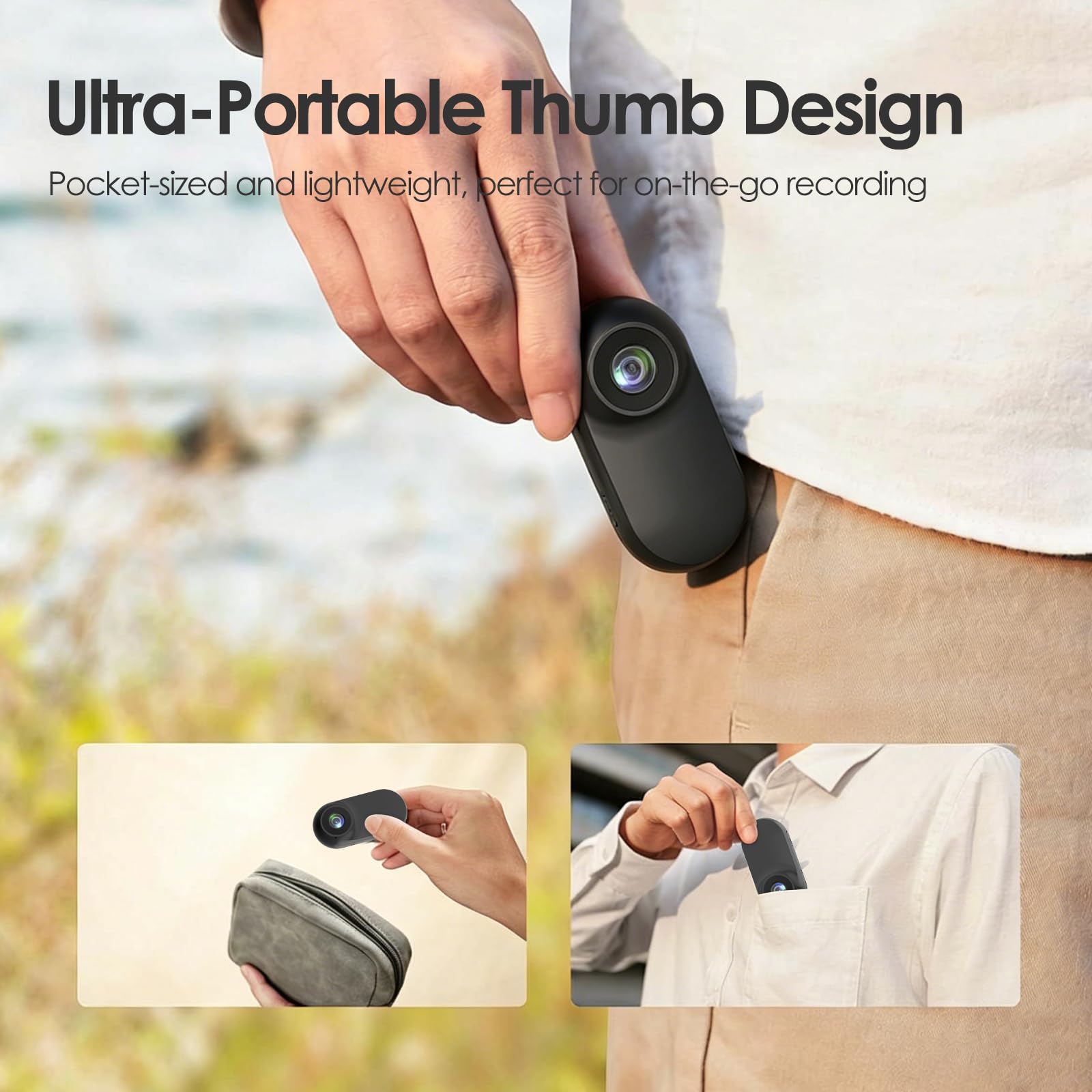 Mini caméra corporelle portable FHD 1080p de taille du pouce, étanche avec fixation magnétique, enregistrement POV mains libres, montable n'importe où pour la sécurité, le travail, les voyages
