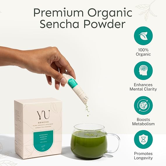 Yu Tea Organic Sencha Green Tea Powder, 100 Servings | Rich in Antioxidants, EGCG, L-Theanine | Pure Japanese First Harvest Leaf | Low Caffeine & Unsweetened | Resealable Pouch, 2.65 oz