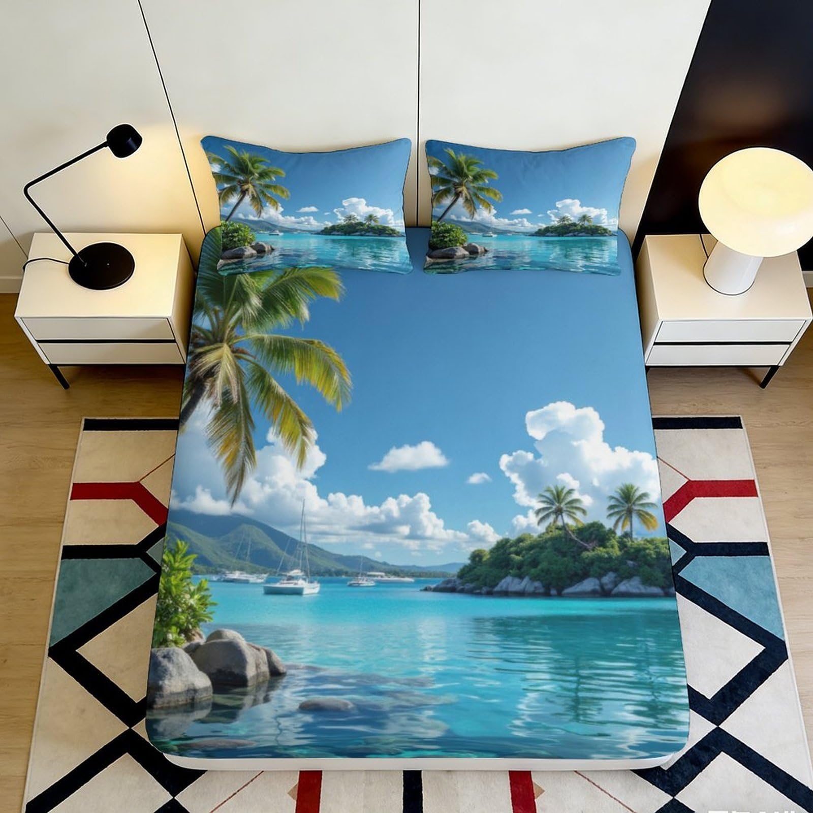3D Printed Tropical Island Fitted Sheet Microfiber Soft Ocean View Bed Cover for Bedroom Guest Room Decor 90x200x25cm
