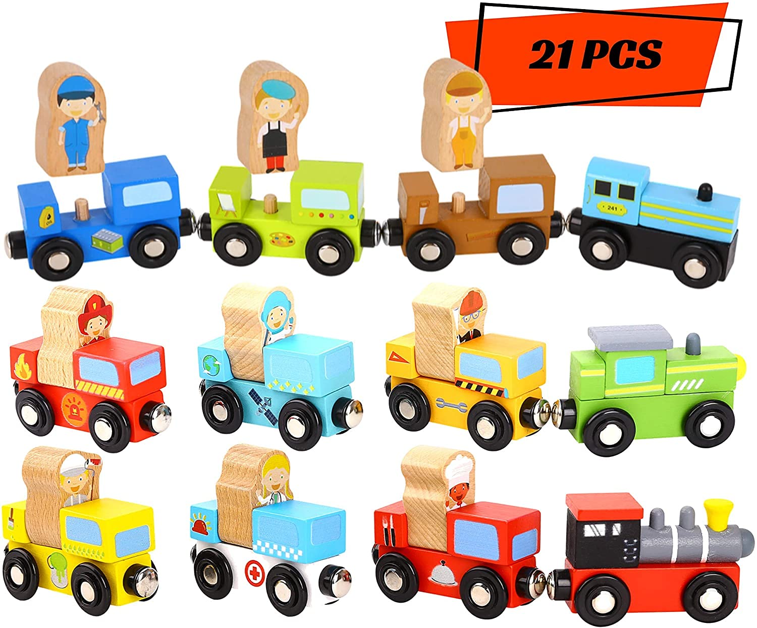 Wooden Trains 21pcs With Detachable Figures Train Toys Magnetic