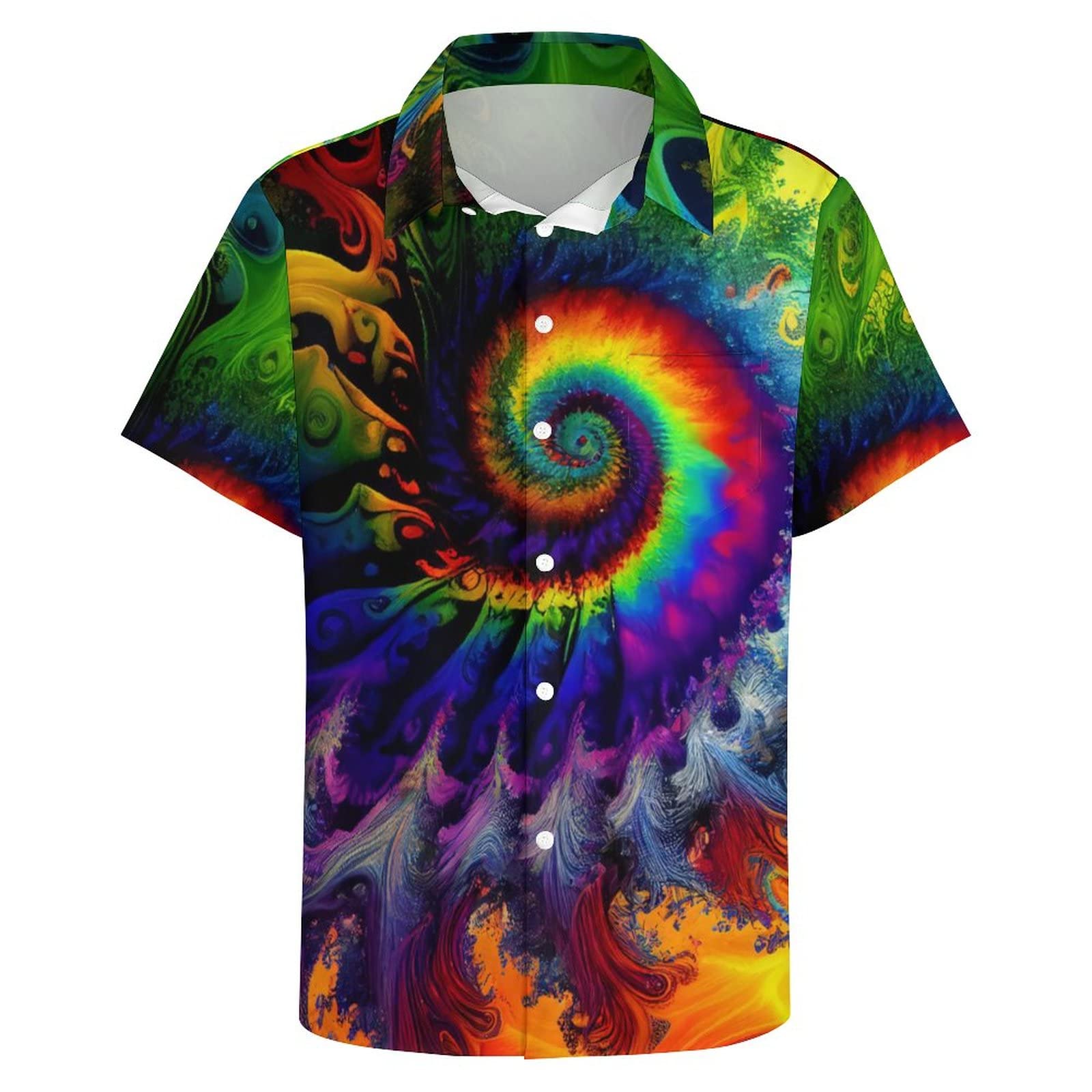 LiohansHawaiian Mysterious Psychedelic Rainbow Totem Tie-Dye Lapel Pocket Short Sleeved Shirt Button Shirt