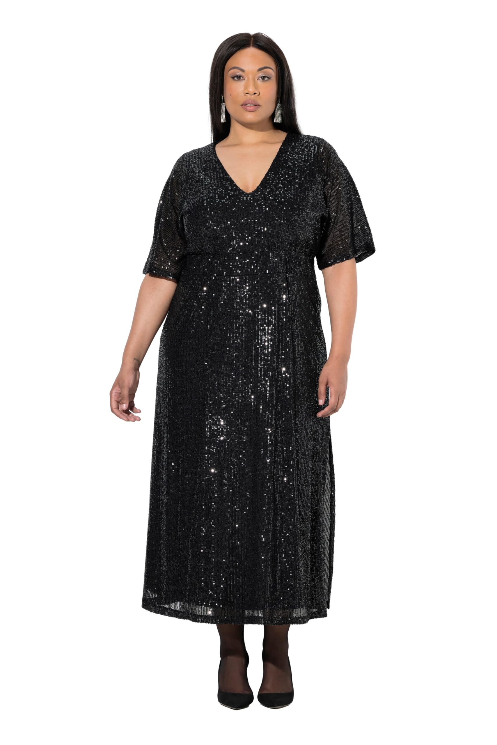 Ulla Popken Damen große Größen Übergrößen Plus Size Maxikleid, A-Linie, Pailletten, V-Ausschnitt, Halbarm 847386