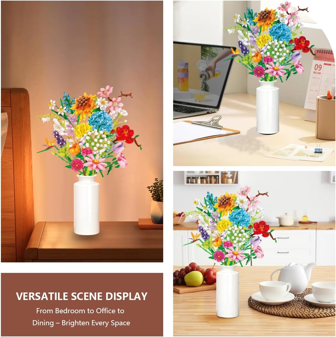Flower Building Block Bouquet Kit for Women, DIY Brick Flowers Craft Set with Adjustable Stems and Petals, Creative Botanical Construction Toy for Desk Decoration, Gift for Teens and Adults