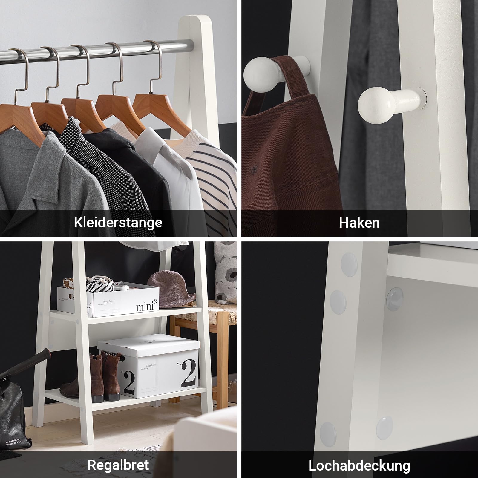 SoBuy Kleiderständer freistehend mit 2 Ablagen, Weiß | Garderobenständer mit Hängestange, ideal für Schlafzimmer & Flur, robuste Konstruktion, FRG59-W