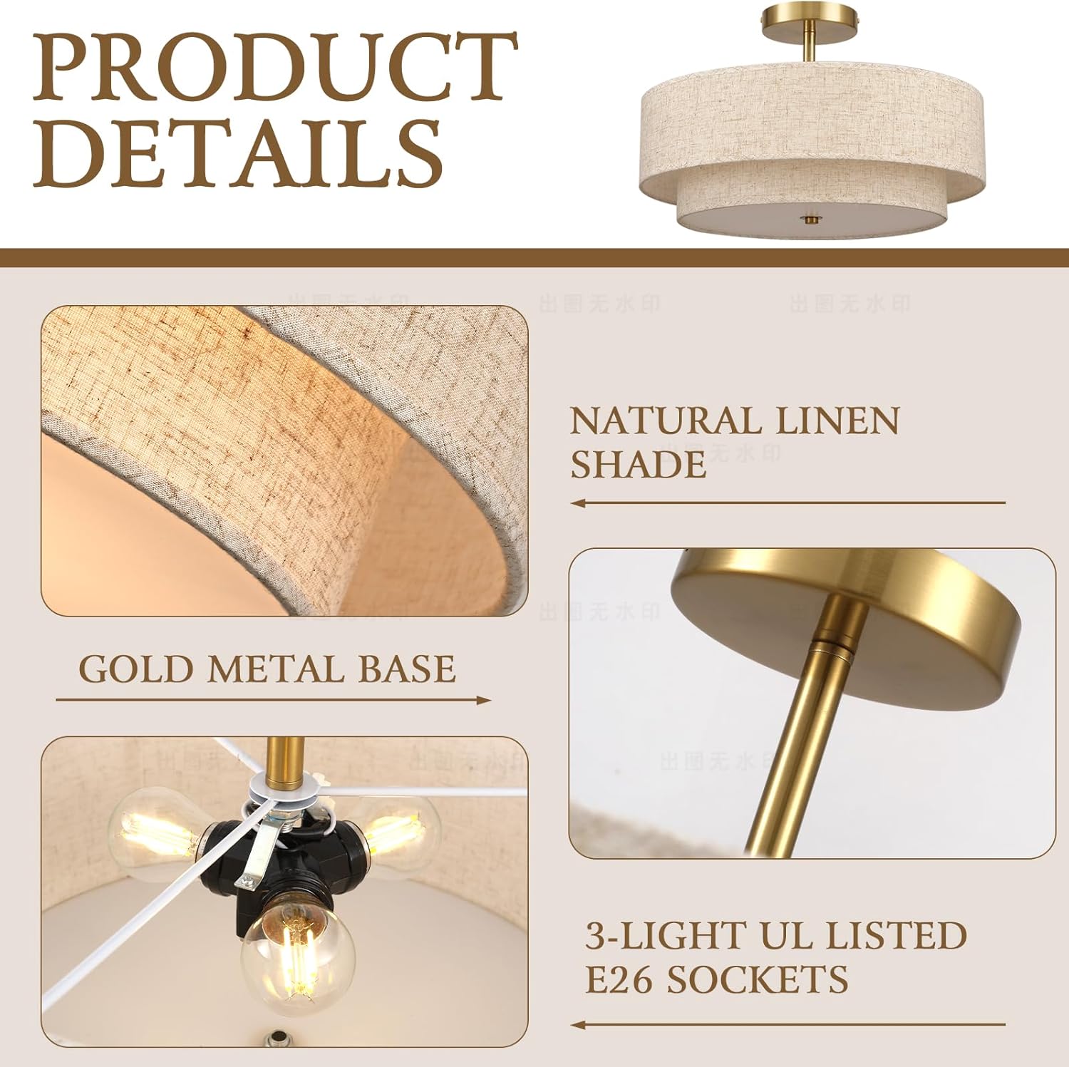 16.5 inch Semi Flush Mount Ceiling Light with Natural Linen Shade, 3-Light UL Listed Fixture with E26 Socket (No Bulb Included) for Bedroom, Kitchen, Living Room