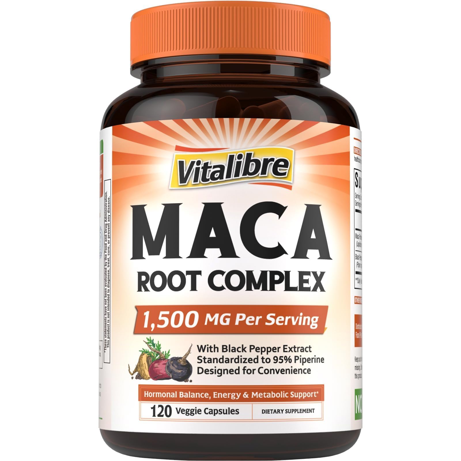 Vitalibre Maca Root Capsules for Women & Men, 1500 mg Maca Root Per Serving, with Black Pepper for Max Absorption, 95% Piperine, Vitality, Mood, Metabolic Support, 120 Capsules 120 Count (Pack of 1)