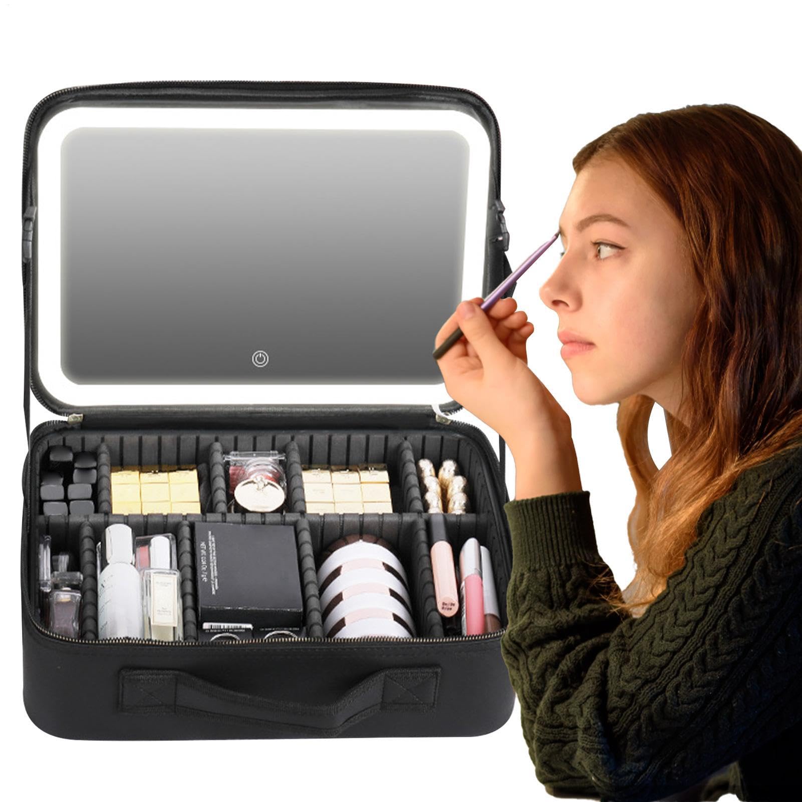 Neceser portátil – Estuche de Maquillaje de Viaje para Mujer, Estuche de | Maquillaje con Cremallera, portátil a Prueba de Polvo con Espejo y Luces, Varios Compartimentos, Negro, Small, Consulte
