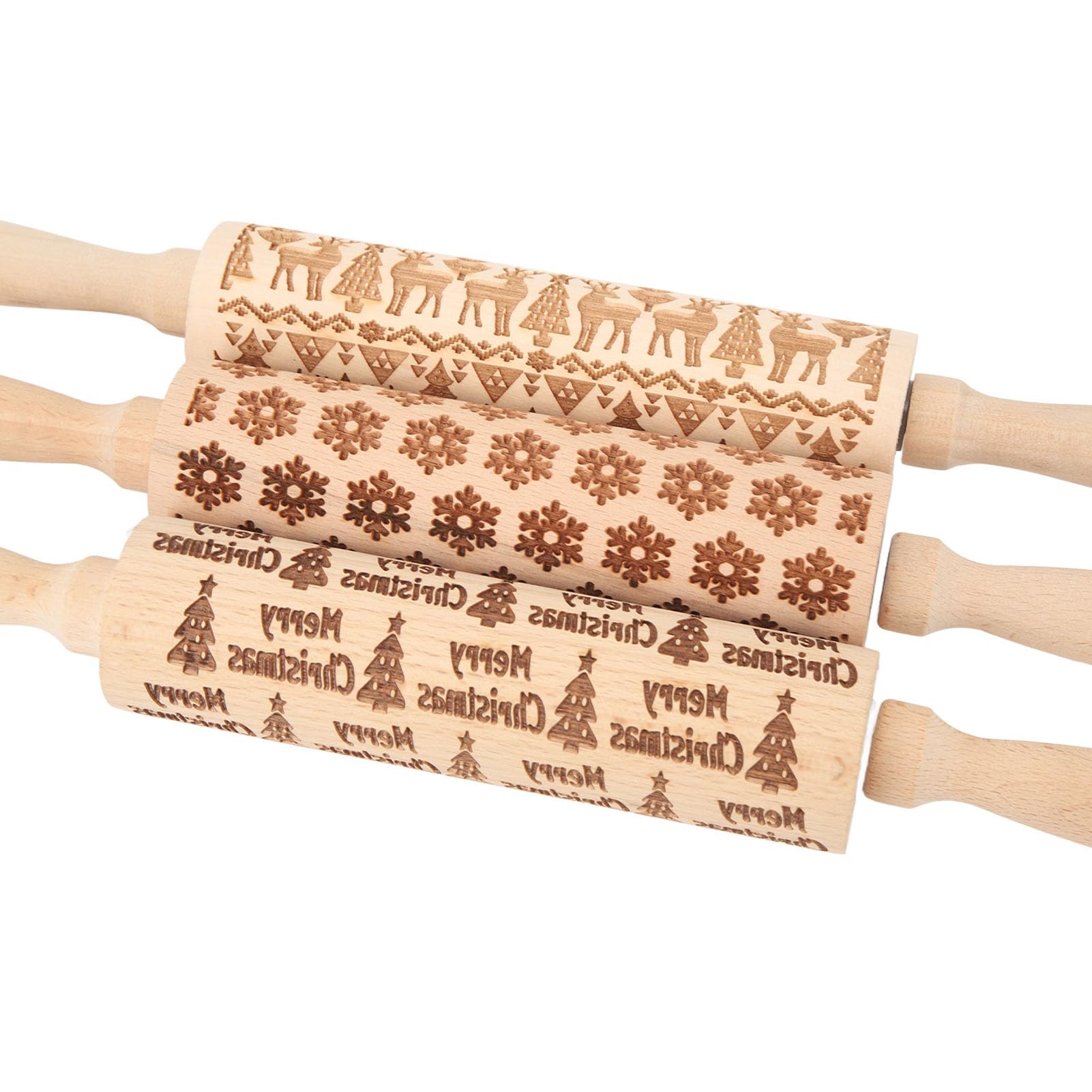 Lot de 3 rouleaux à pâtisserie en bois gaufré - Bâtons à pâtisserie gravés pour la pâtisserie - Motif de Noël - Bois composite durable avec roulement à roulement