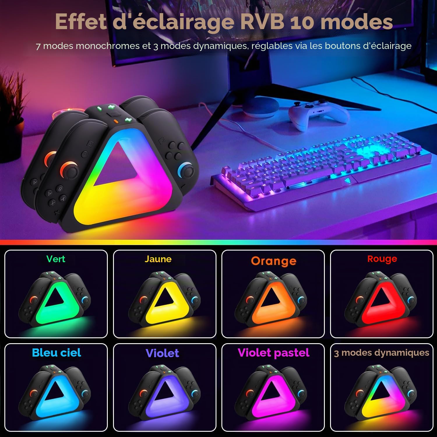 Dock de Charge pour Switch 2,4-en-1 Nintndos Switch 2 Station de Charge avec 7 Couleurs lumières RVB,Charge Rapide USB-C PD avec câble,Charges 4 contrôleurs Joy-Cons,Design de Voyage Portable