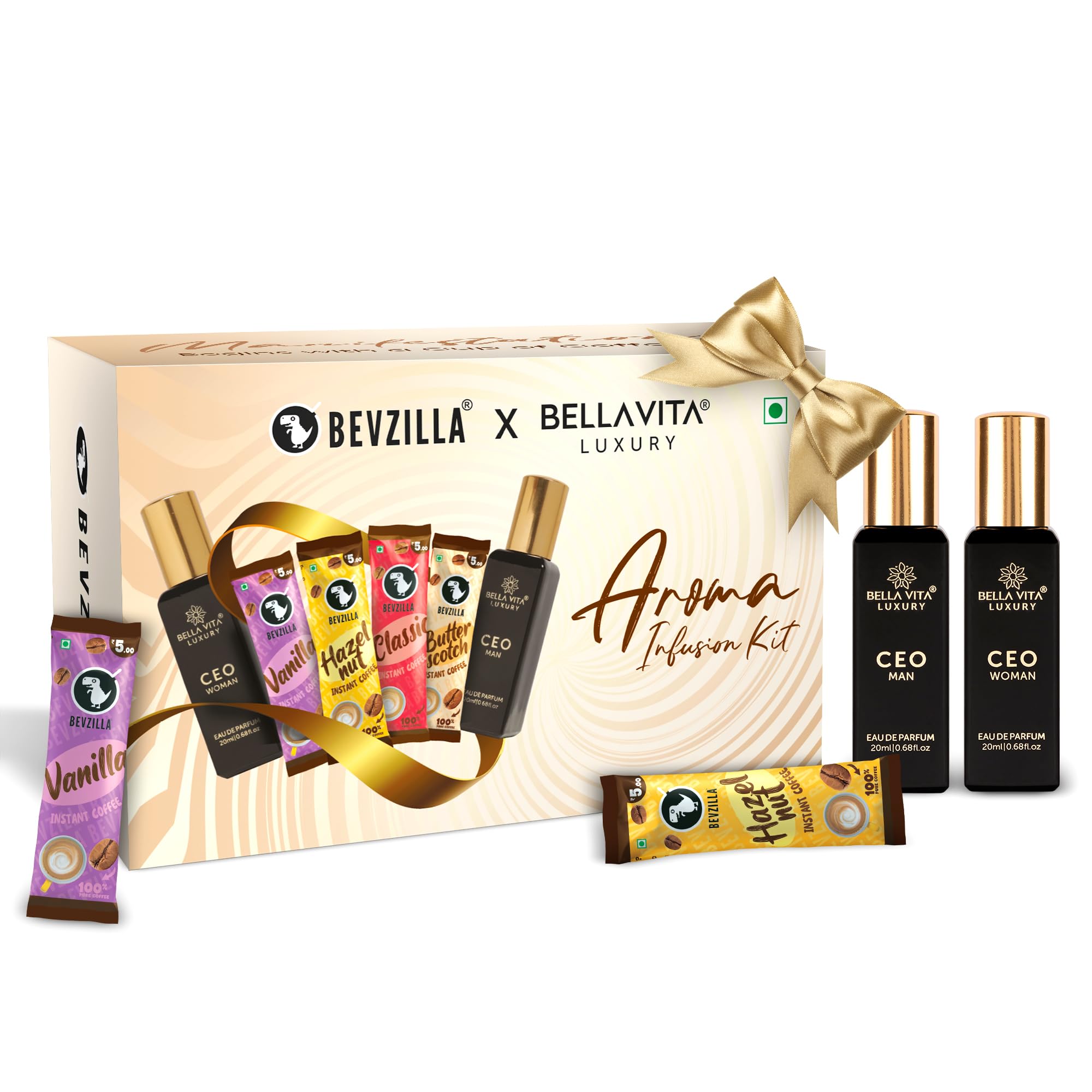Bevzilla X Bella Vita Luxury Coffee & Fragrance Box | 24 Coffee Sachets (6 Sachets Each Flavour) | CEO Man & CEO Woman EDP Fragrance (20 ML Each)| Hazelnut, Colombian Gold, Vanilla & Butterscotch Flavour (B0C8ZDK4VC) Amazon Price History, Amazon Price Tracker